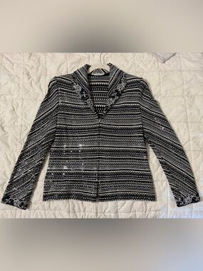 St. John Black Ivory Paillette Sequin Knit Jacket Embroidered Vintage